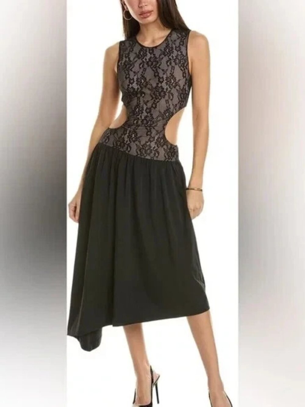 ~ $118 WeWoreWhat Cut Out ASYM Midi Dress Lace/Textured Crepe Poplin-BLK -Size M